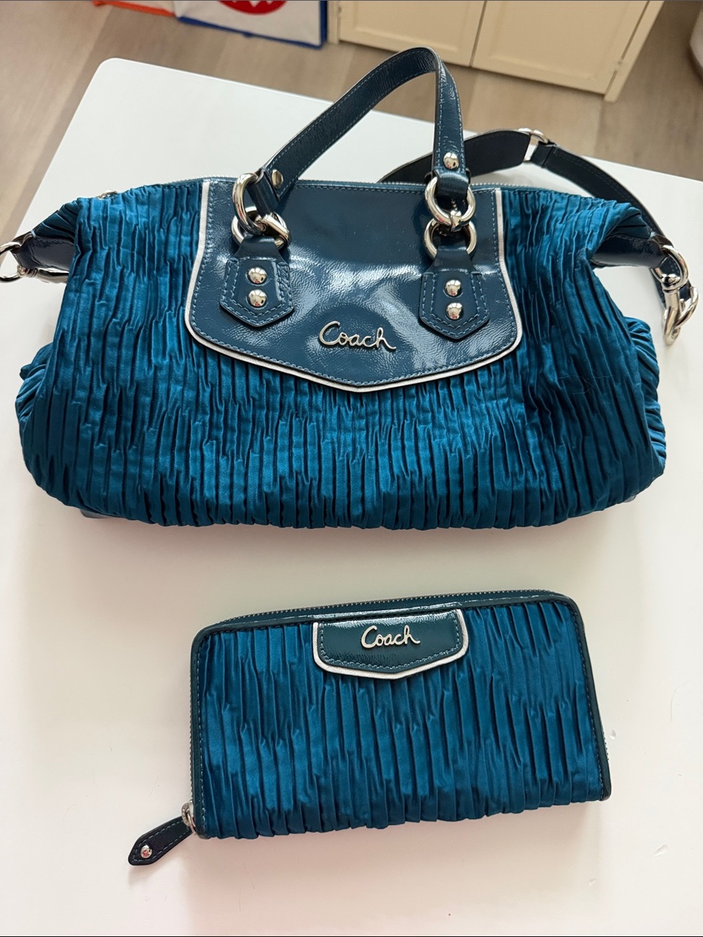 Coach Teal Ruched Satchel and Wallet Set